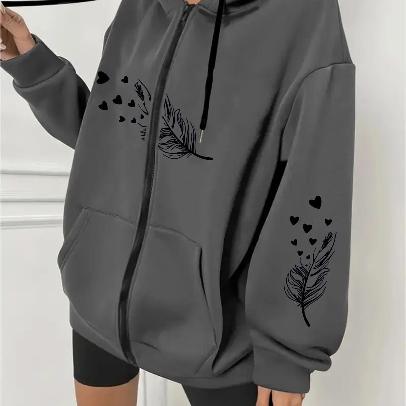 TEMU Plus Size, Women's Plus-size Casual Zip Hoodie With Print And Print Pattern On Chest And Sleeves, Machine-washable Hooded Jacket, Long-sleeved Zipped Sweatshirt With Front Pockets