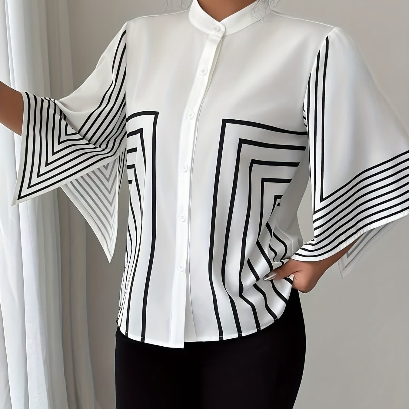 TEMU A Shirt With A Stand Collar, Digital Prints, Geometric Lines, And Asymmetrical Cuffs, Perfect For Vacation And Summer