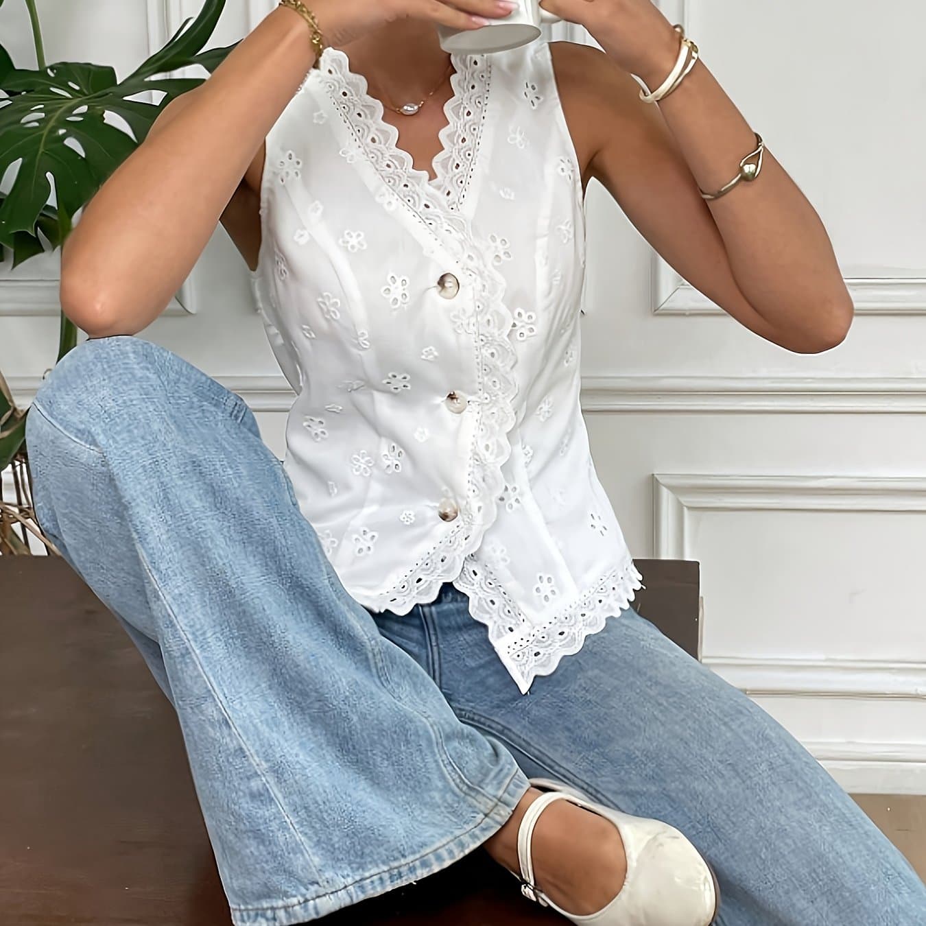 TEMU Women's Summer Sleeveless -neck Blouse - Elegant Semi-sheer Lace & Embroidery Shirt, White / Pirate Holiday Top, Machine Washable For Spring/summer Beachwear & Layering