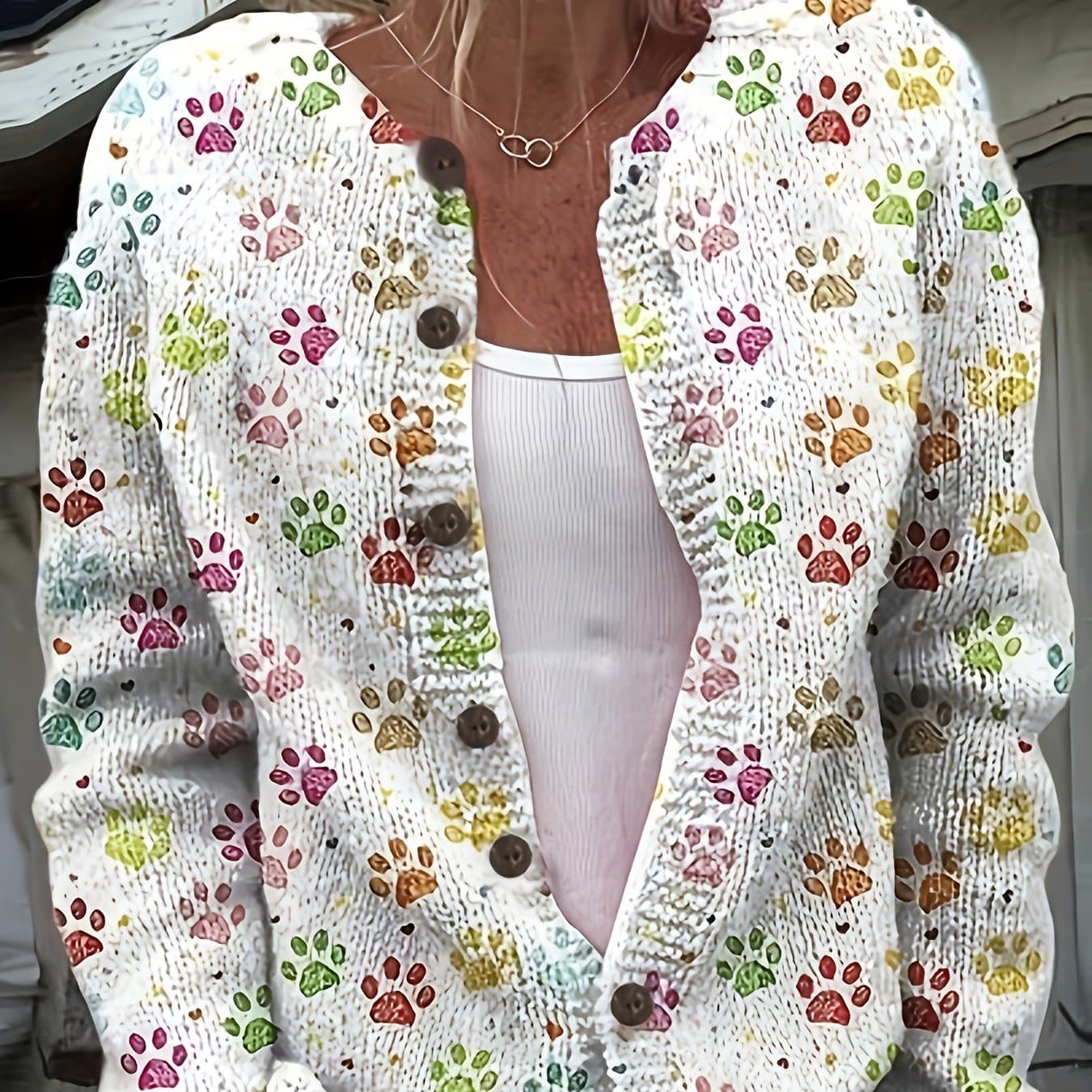TEMU Women's Dog Paw Print Print Cardigan - White Round Neck Long Sleeve Coat, Front Button, Casual Sweater For , And Fashionable
