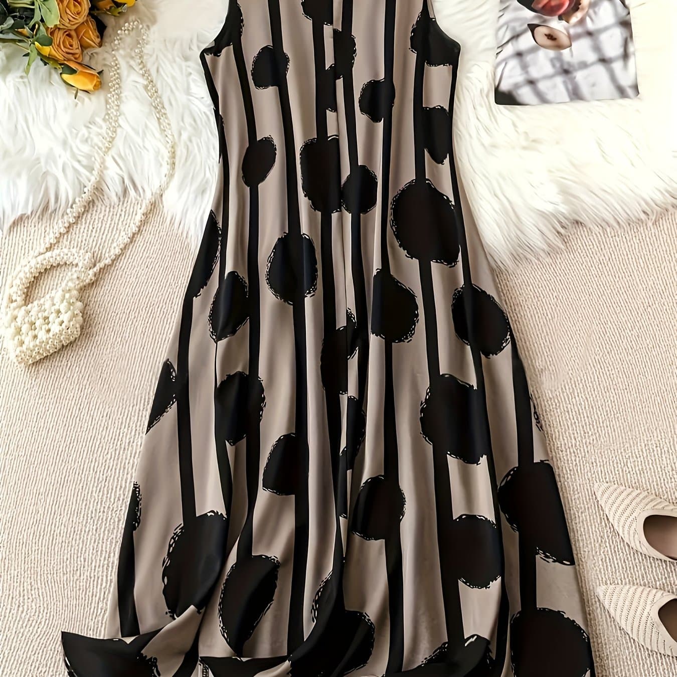TEMU Large Women's Elegant Sleeveless Dress Casual Print Round Neck Dress