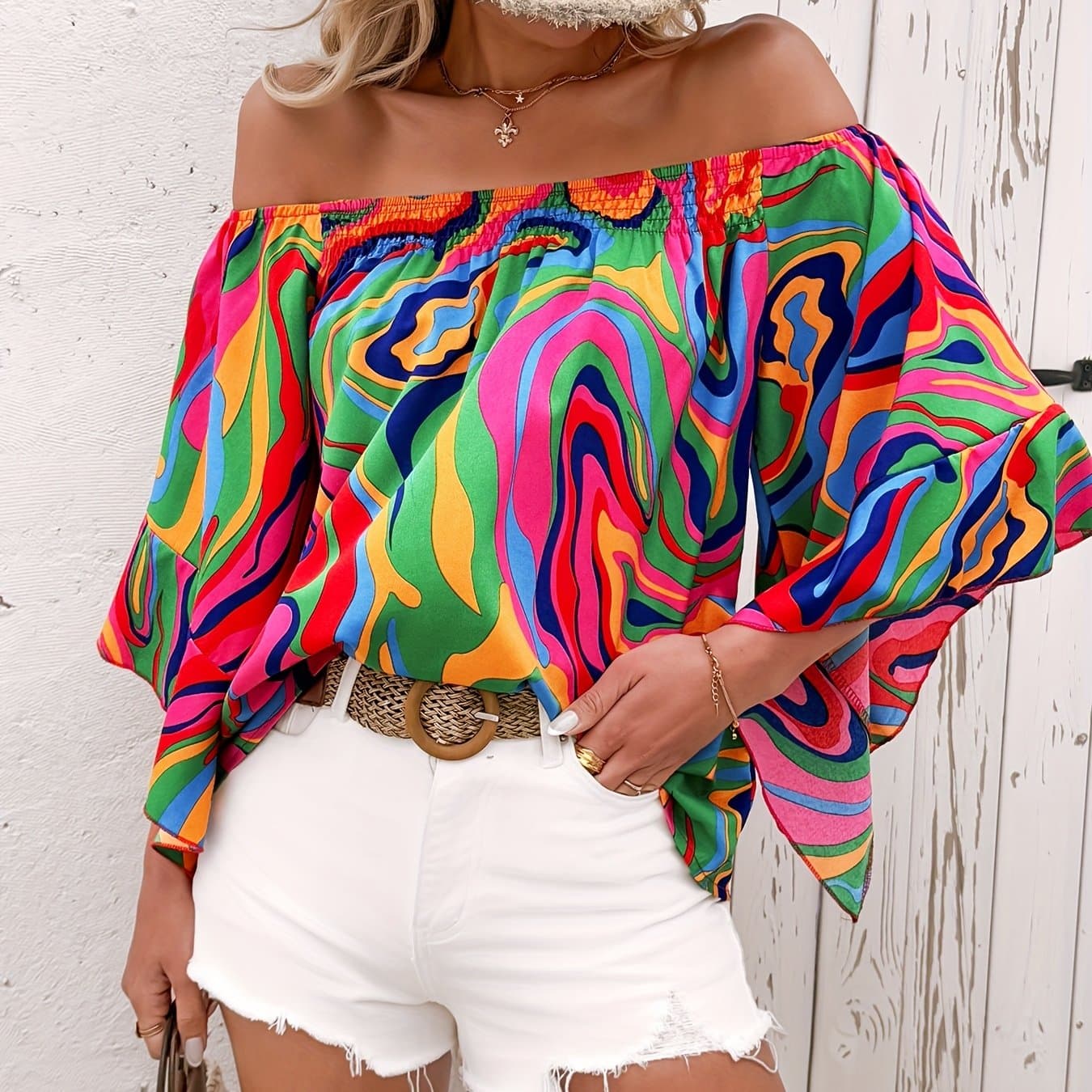 TEMU Spring And Marble Pattern Shoulder Off-shoulder One-shoulder Loose Casual Shirt