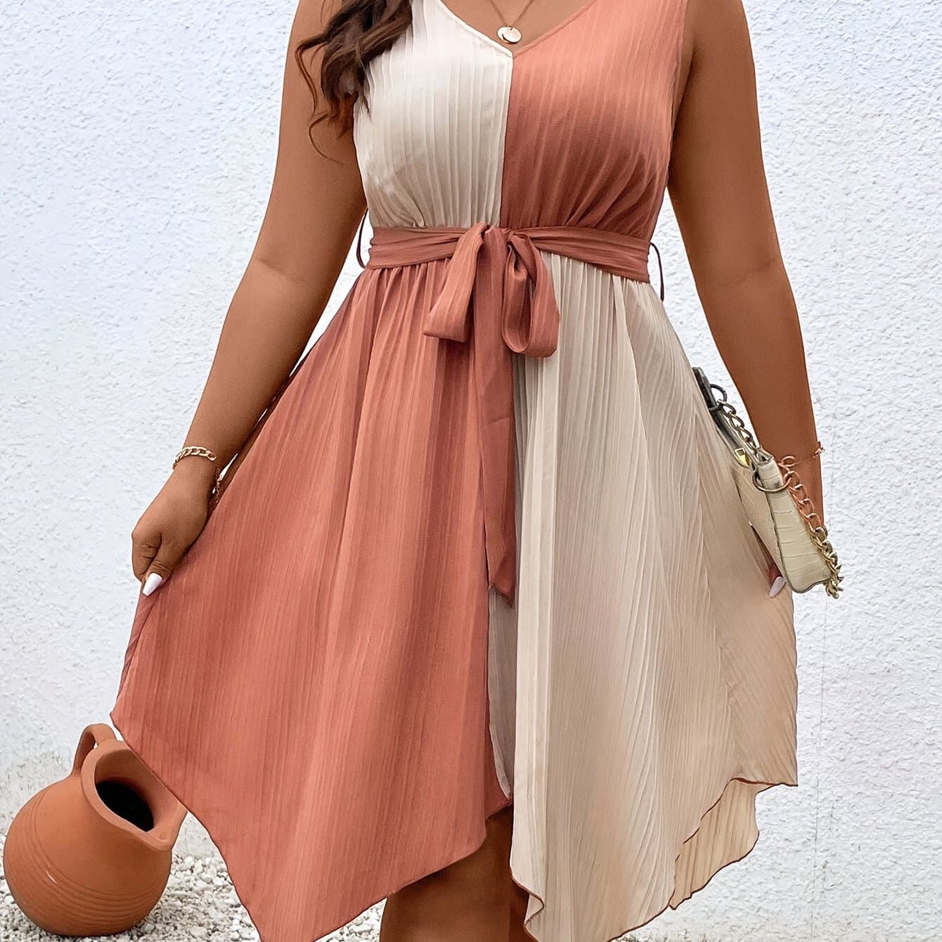 TEMU Asymmetric Hem Tie Waist Dress