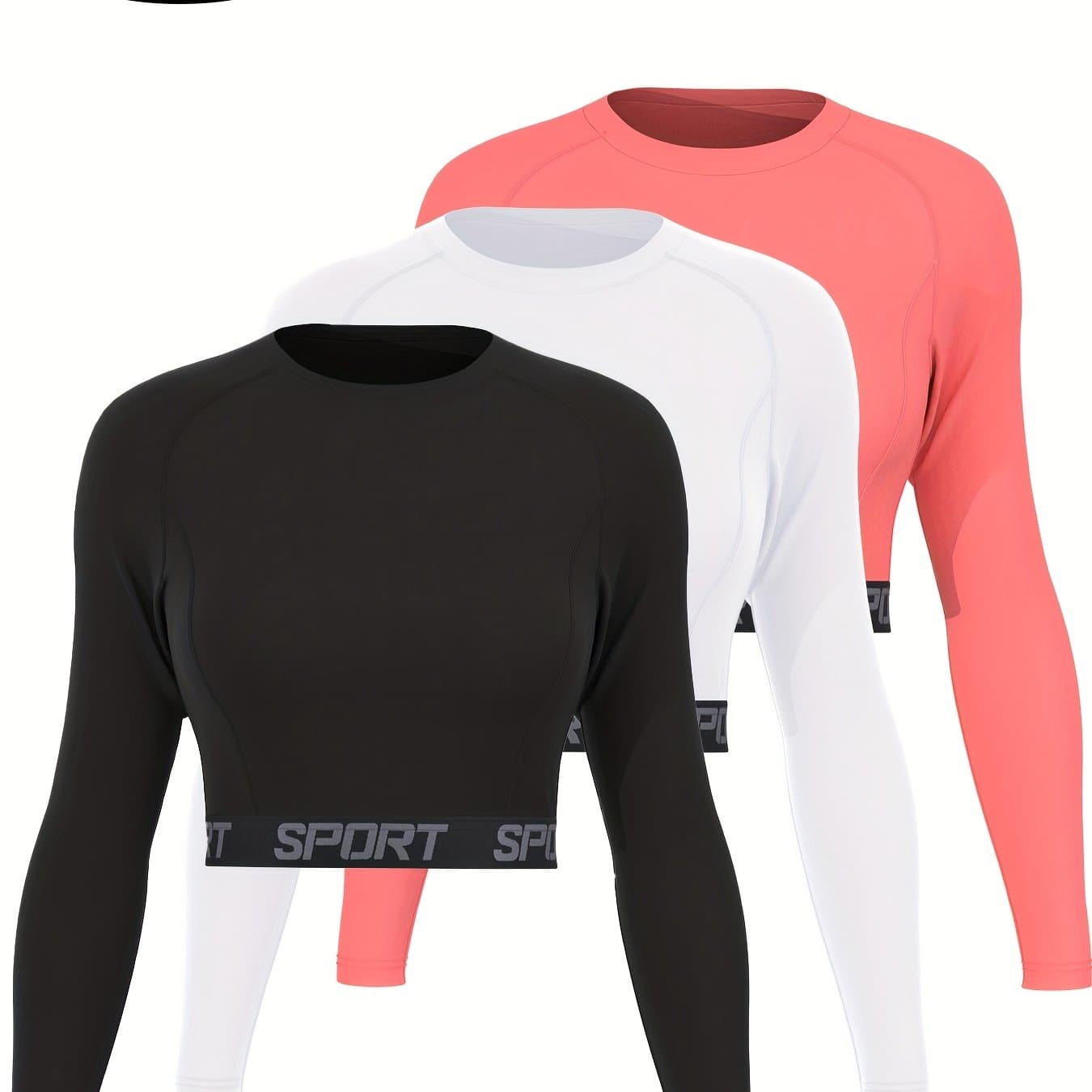 TEMU 3pcs Set Women' Long-sleeved Spring And Autumn Base Shirt Women's Short Lightweight Long-sleeved Top Running, Cycling, Fitness, Leisure, Versatile Clothing