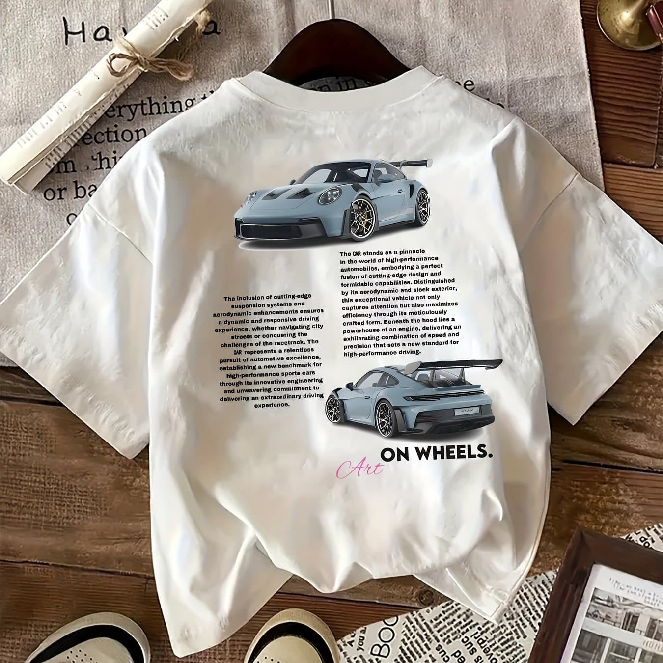 TEMU Women' Print T-shirt - Casual Round Neck Tee Suitable For , Medium-stretch Fabric With Vehicle Graphics, Machine Washable Casual Attire For Car & Casual Outfits (non-)