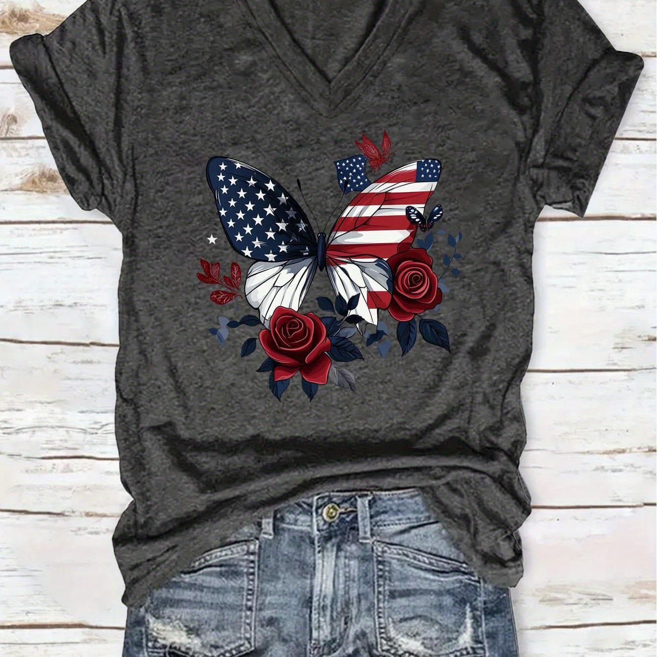 TEMU Women V-neck T-shirt - Fashionable Casual Print T-shirt, Polyester Fabric - Lightweight & Breathable For All