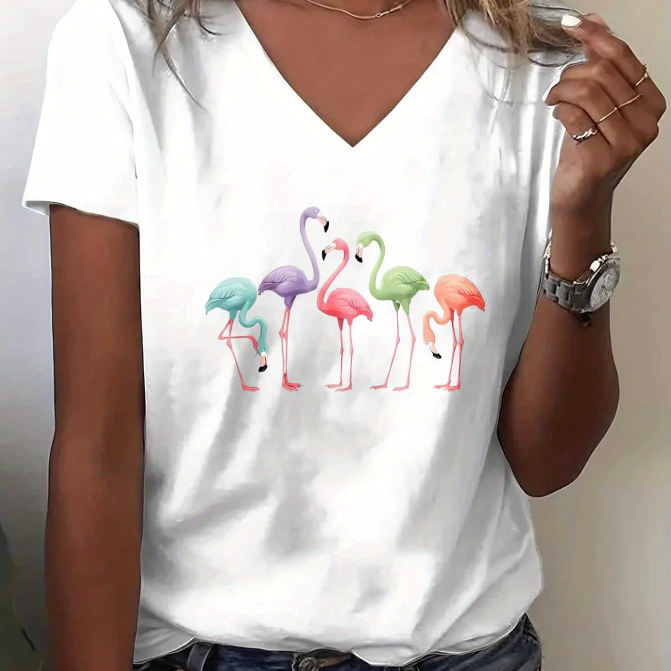 TEMU This Everyday V-neck T-shirt Features A Flamingo Design, Making It Perfect For Casual And Daily Wear. An Ideal Gift For