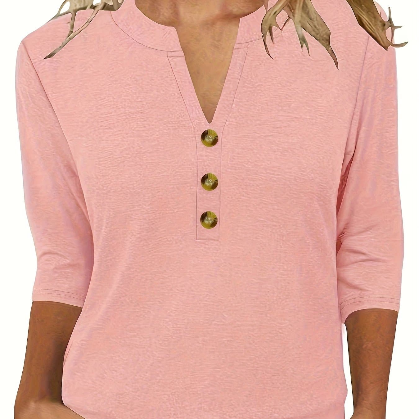 TEMU Circle -women's Fashion Spring Summer New Women's Clothing, V-neck 3/4 Sleeve Casual Loose Top Base T-shirt, Button Design, Daily And Date, Versatile Top, Street Casual Outing Trendy Style