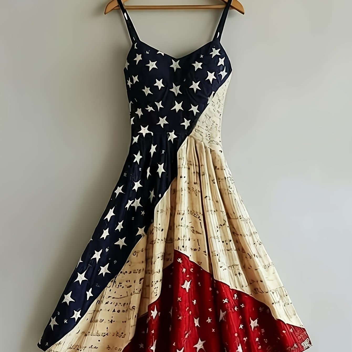 TEMU Women's Flag Print Spaghetti Strap Midi Dress With Pockets- Suitable For Dress, Beach Vacation Outfits, Round Neck Long Dress With Elastic-free Hem (machine Washable Casual Summer Dress)