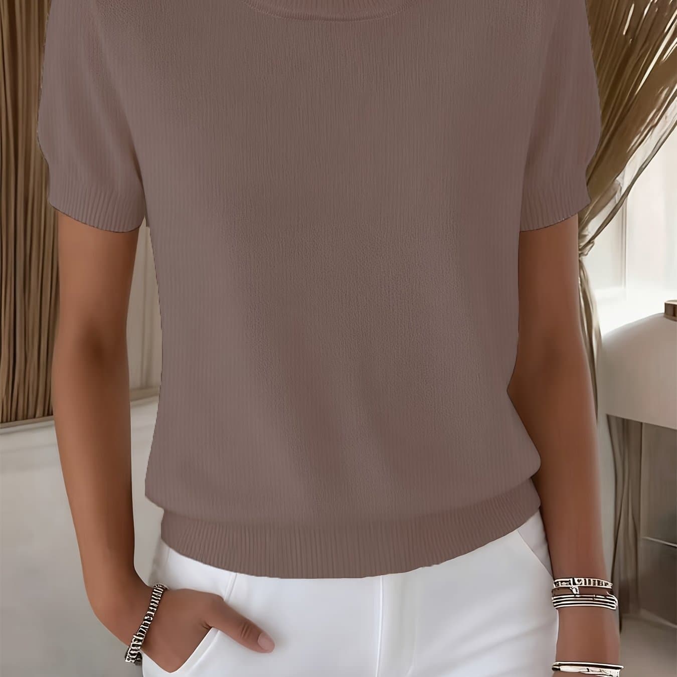 TEMU Women's Casual Sweater - Short Sleeve Loose Round Neck Pullover, Slight Stretch Comfortable Top, Textured Design, Durable Fabric, Fashionable Knitwear, Soft Texture, Elastic Top, Trendy Style thumbnail 2