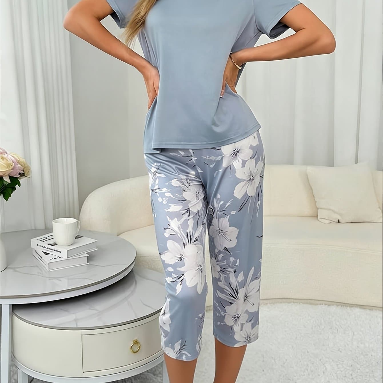 TEMU Women's Capri Pants Pajama Set, Floral Print Capri Pants Spring/summer Short Sleeve Crew Neck Pajamas