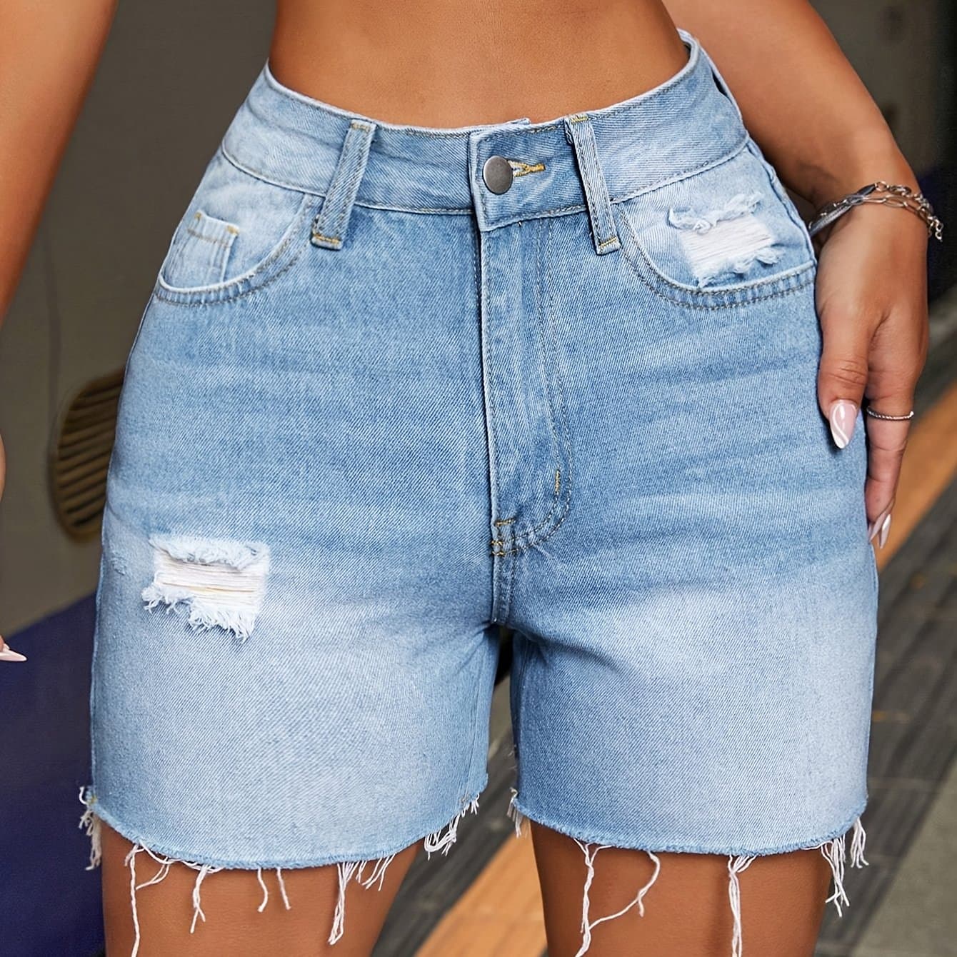 TEMU Casual Denim Shorts For Women, Featuring A Washed Straight Cut And Ripped Details, Perfect For Spring And Summer 2025 Fashion