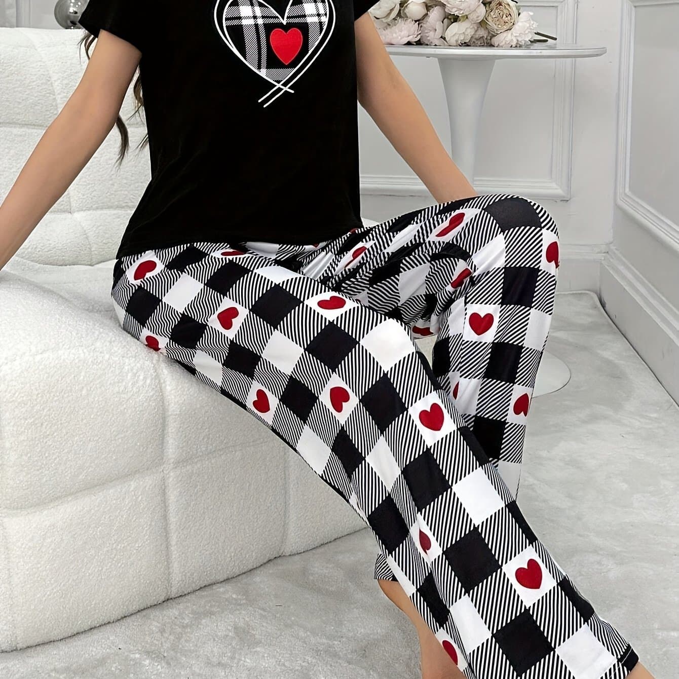 TEMU Pajama Set, Short Sleeve Round Neck Top & Pants, Comfortable Relaxed Fit