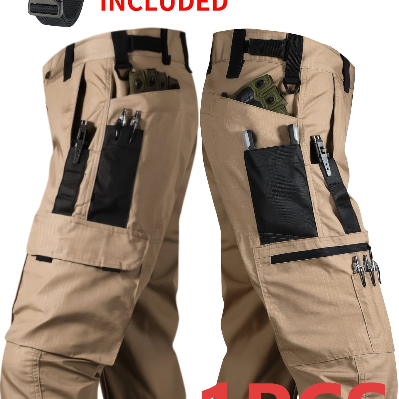 TEMU Men's Tactical Cargo Pants - Casual Pants - Lightweight, Quick Drying, Breathable, Multiple Pockets (no Waistband) - Gray And Beige, Great For Hiking And Outdoor Activities, Mountaineering Gear