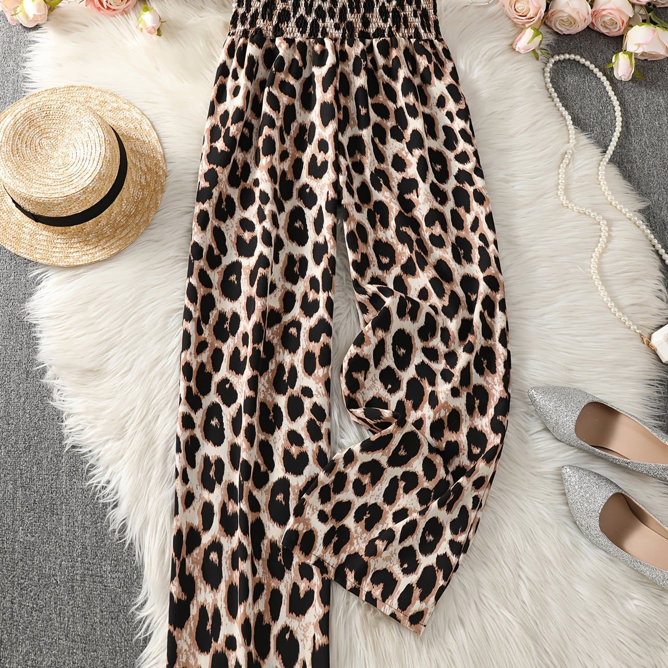 TEMU 877# Leopard Print Wide-leg Pants With Elastic Waistband