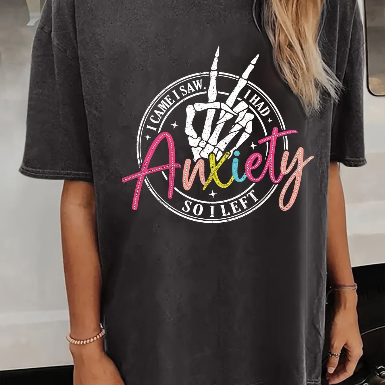 TEMU Skeleton Hand, I , I Saw, I Have Anxiety, Left The Patterned Print Women' Shoulder Short-sleeved T-shirt, Spring And Summer Casual Drop Shoulder Short-sleeved T-shirt, Women's Clothing
