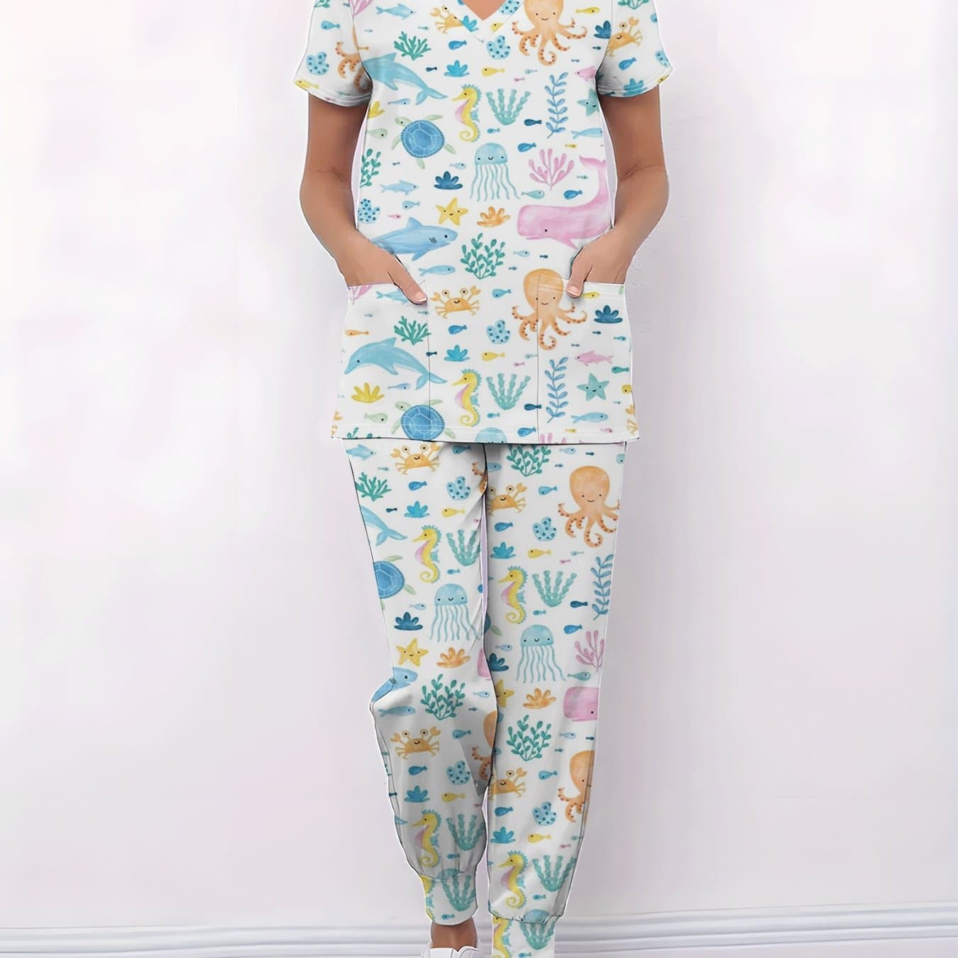 TEMU V-neck T-shirt Set With , Top With Pockets, Comfortable And Elastic Fabric, Barber, Pet Store, Chef, Doctor, Manicurist Short-sleeved Work Clothes, Uniform, Cute Cartoon Is Unique