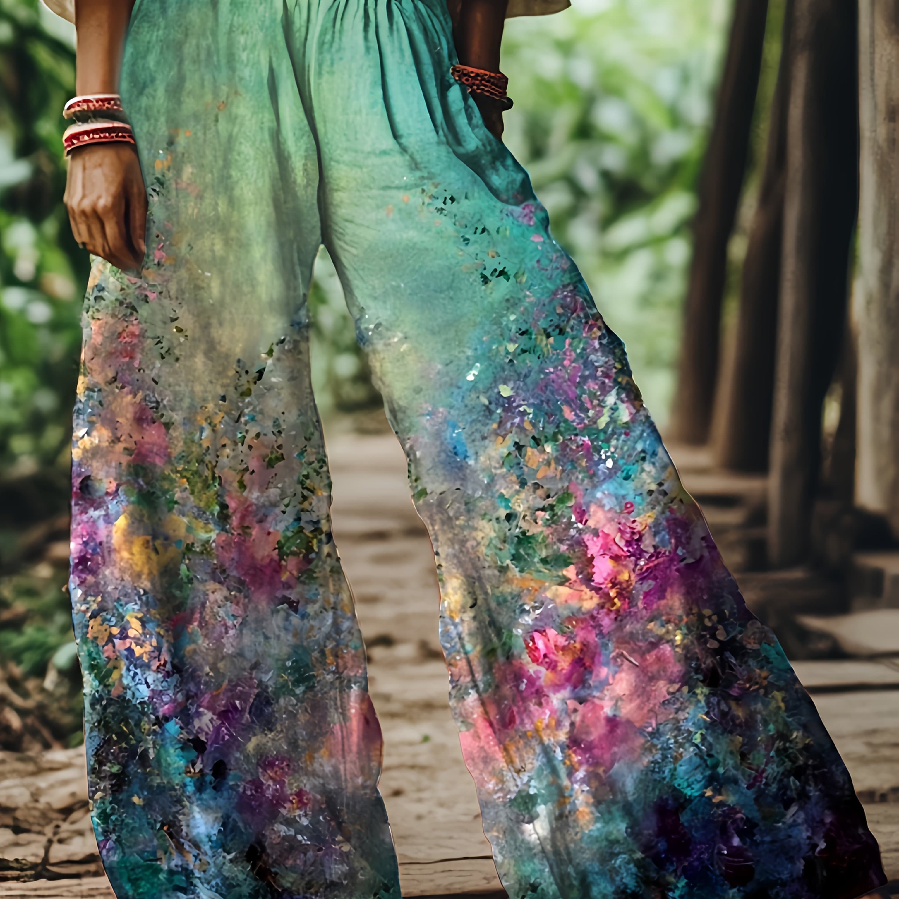 TEMU Ladies' High-waisted Vibrant Floral Print Wide-leg Pants / Vacation / Elegant / Casual