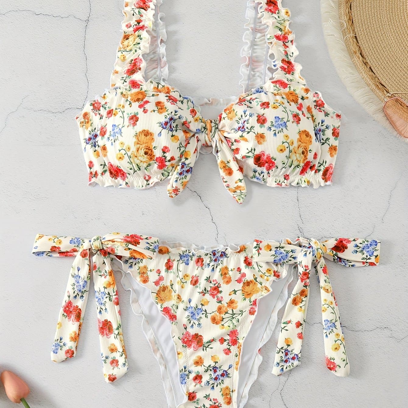 TEMU Women's 2pcs Split Bikini Swimsuit With Small Pitted Rib Floral Print And Ruffle Tie, Fashionable Casual Swimwear