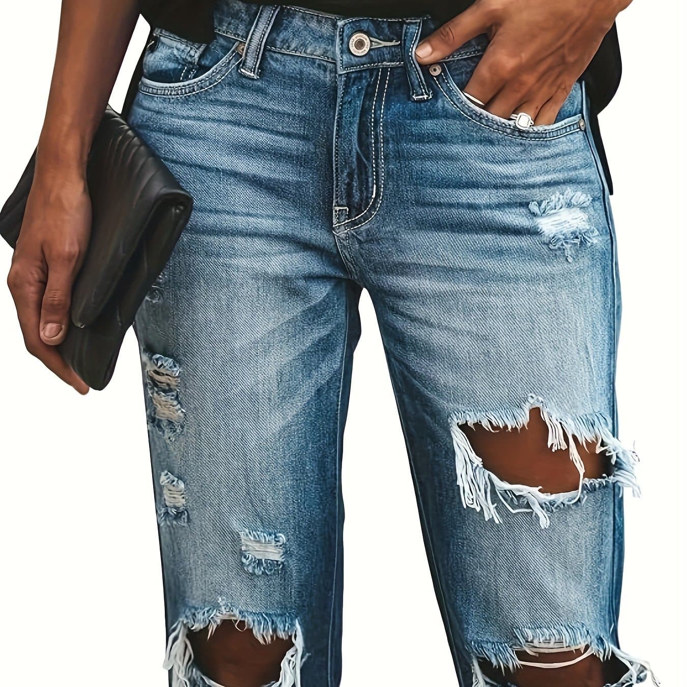 TEMU Fashion Retro Ripped Stretch Street Cuffed Jeans