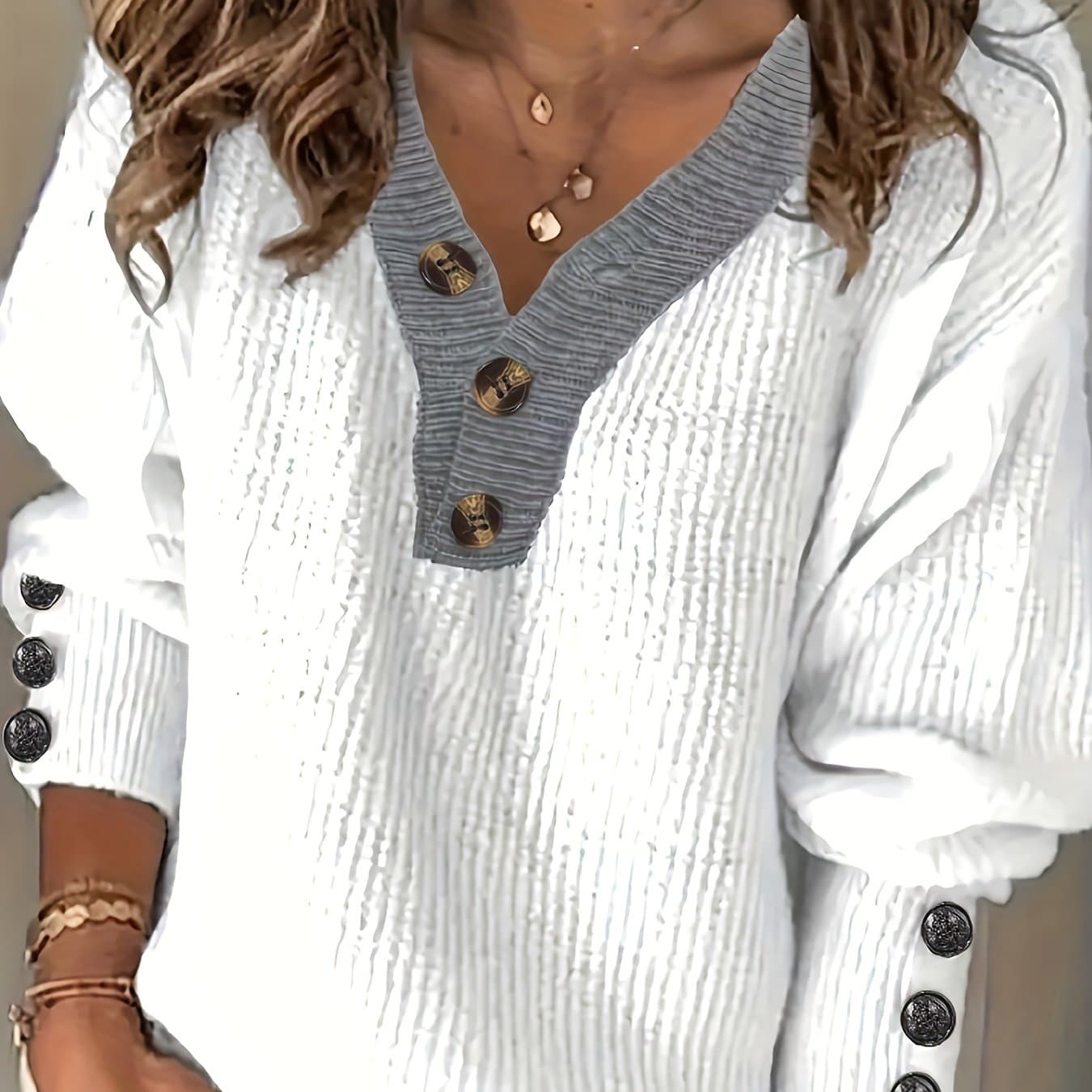 TEMU Women's Casual V-neck Button Front Sweater - Decorative Buttons And Ribbed Cuffs, Soft Pullover Autumn And Winter Style, Plain Comfortable Top, Fashionable-neck Clothing.