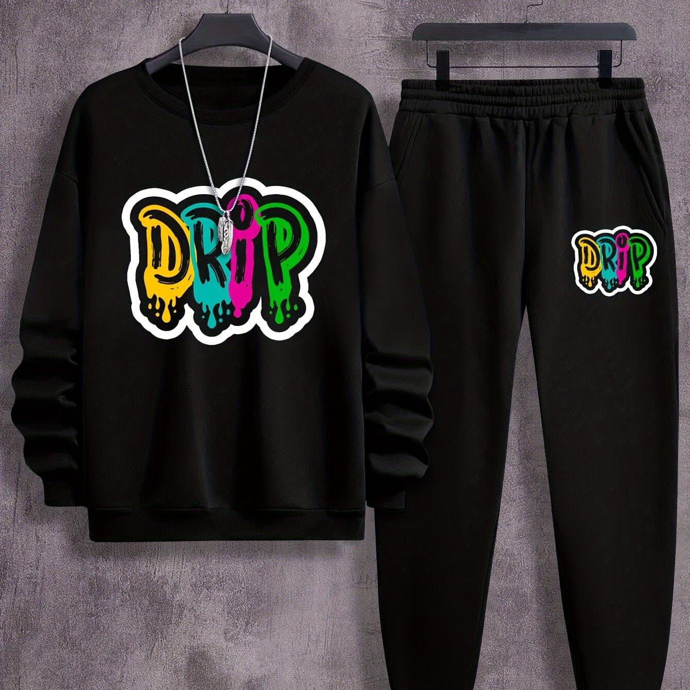 TEMU Fashion Boys' Sweatshirt Set, Colorful Drip English Letters, Perfect For Outdoor