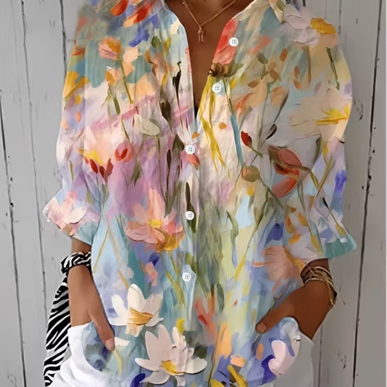 TEMU Elegant Trendy Women's Casual All- Shirt With Retro Floral Print - Lightweight Breathable Fabric, Relaxed Fit, Machine Washable, Versatile For Casual & Dressy Outfits, Apparel | Collar