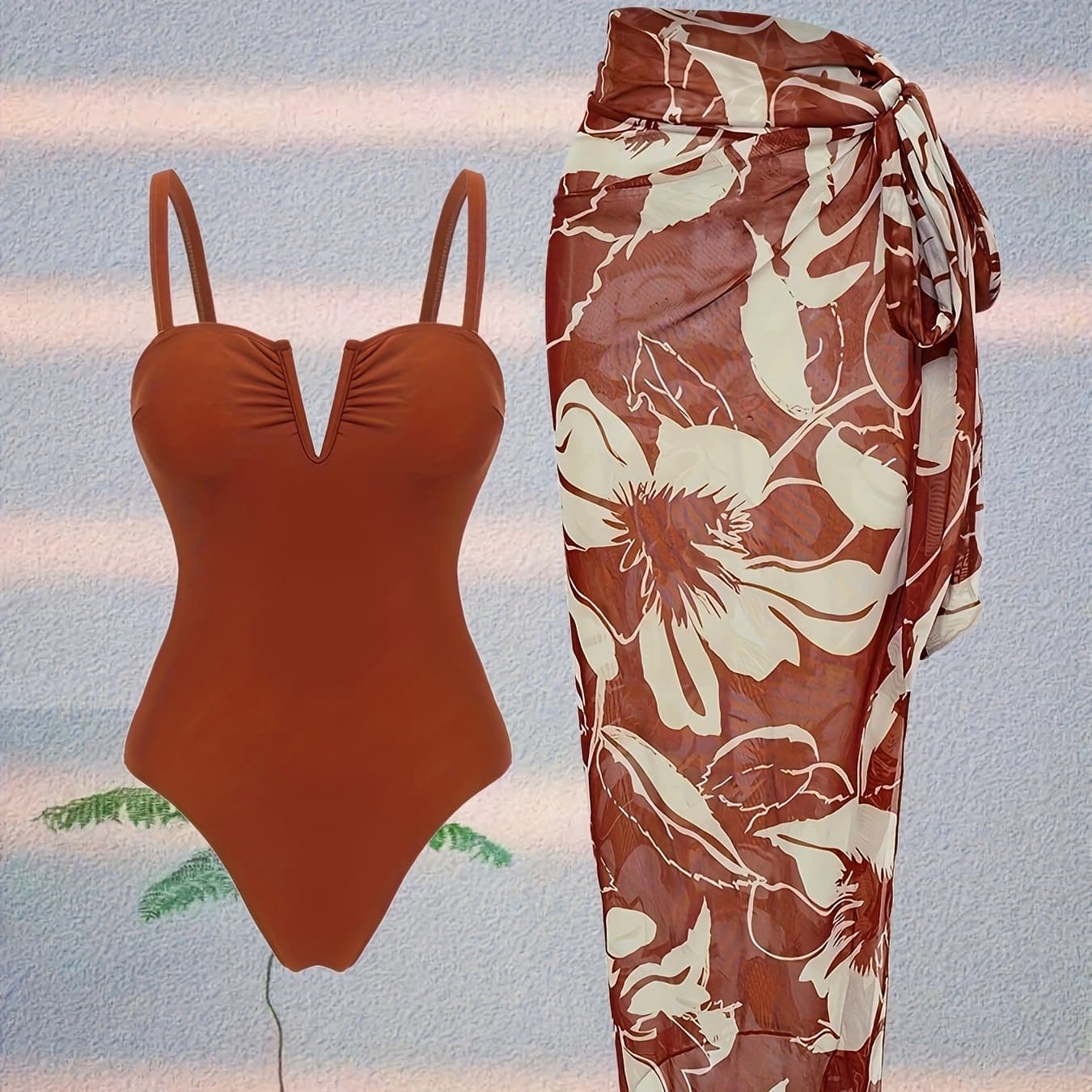 TEMU Summer Women's New Casual Printed Waist-cinched One-piece Swimsuit With Skirt Set