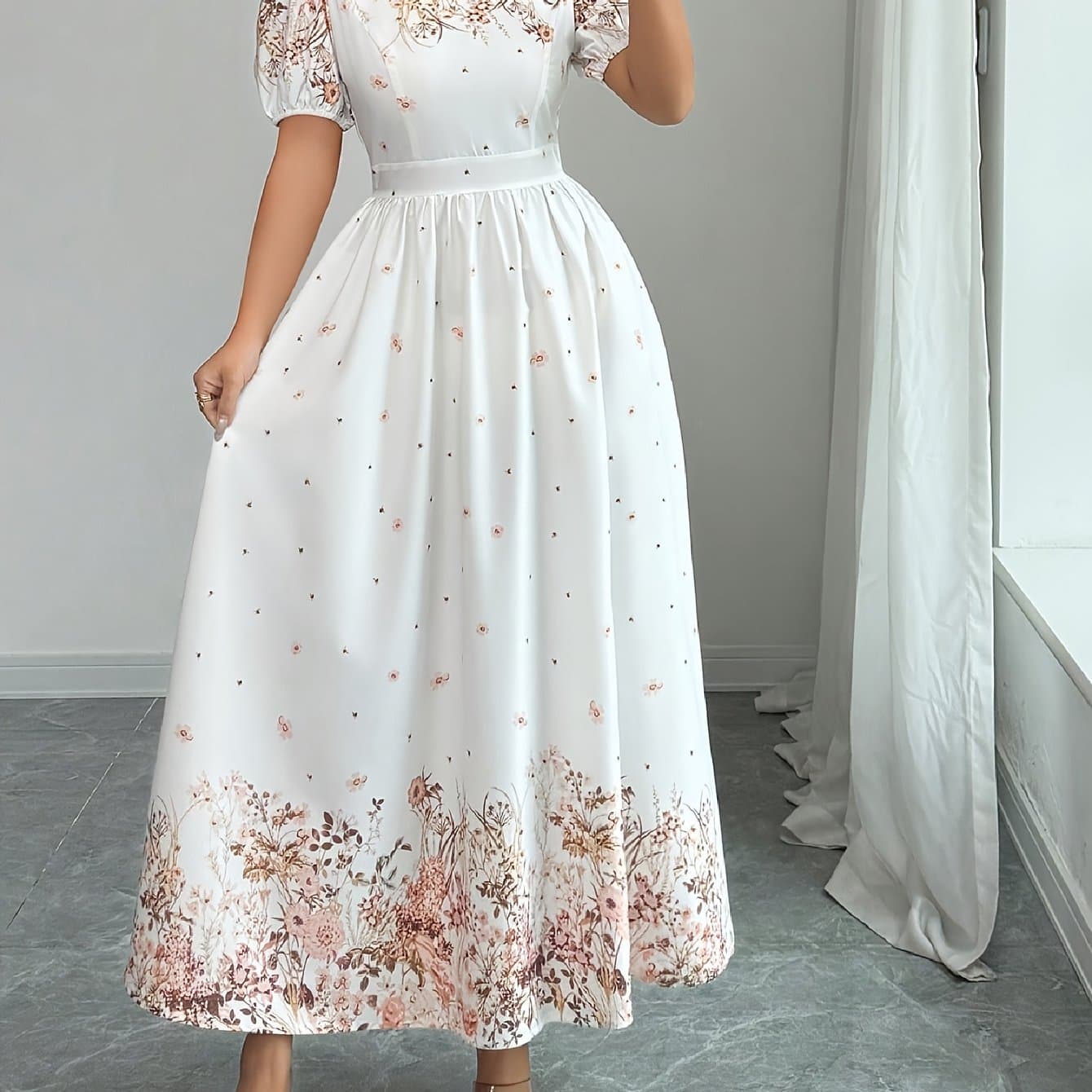 TEMU Women's New Summer Elegant Printed Waist-cinching Puff Sleeve Dress