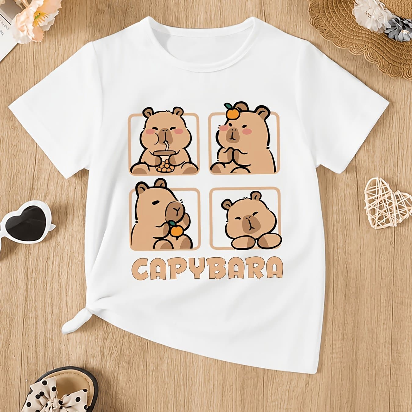 TEMU Capybara Print Pattern Girls' 1pc T-shirt - Soft Polyester Fiber, Short Sleeves, Crew Neck - Casual, Fashionable, And For - For Spring, Summer, And Fall , Stylish Youth Apparel, For Teenager