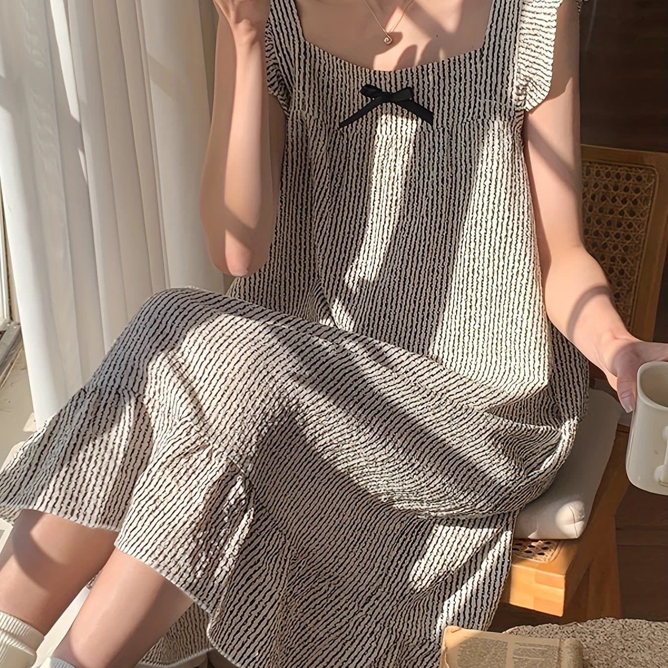 TEMU Women's Spring/summer Lightweight Crinkle Fabric Puff Sleeve Nightgown Loungewear