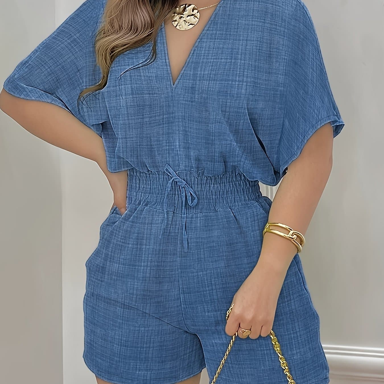 TEMU Fashionable Casual V-neck Jumpsuit | Comfortable Waist-cinched Solid Color Jumpsuit With Breathable Fabric And Elegant Style For Spring/summer/fall