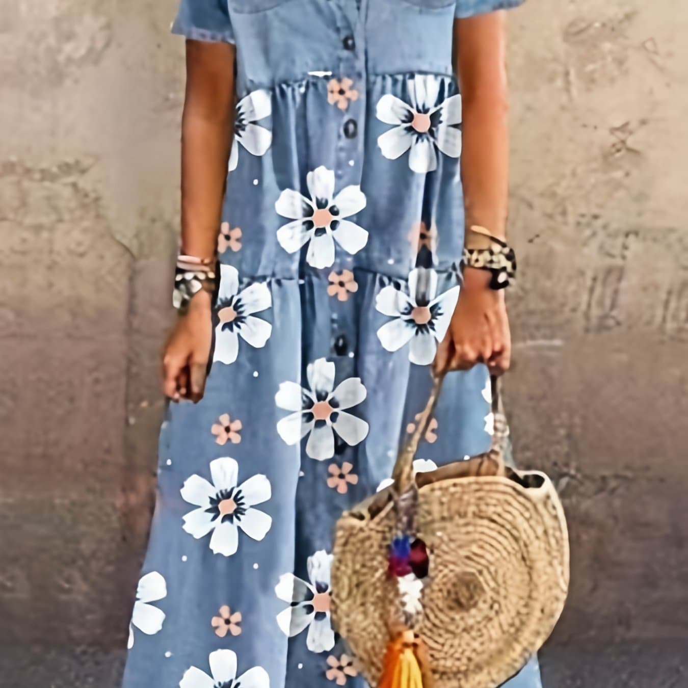 TEMU Women's Plus Size Denim Dress Short Sleeve Turn Collar Button Front Loose Swing Jean Dress