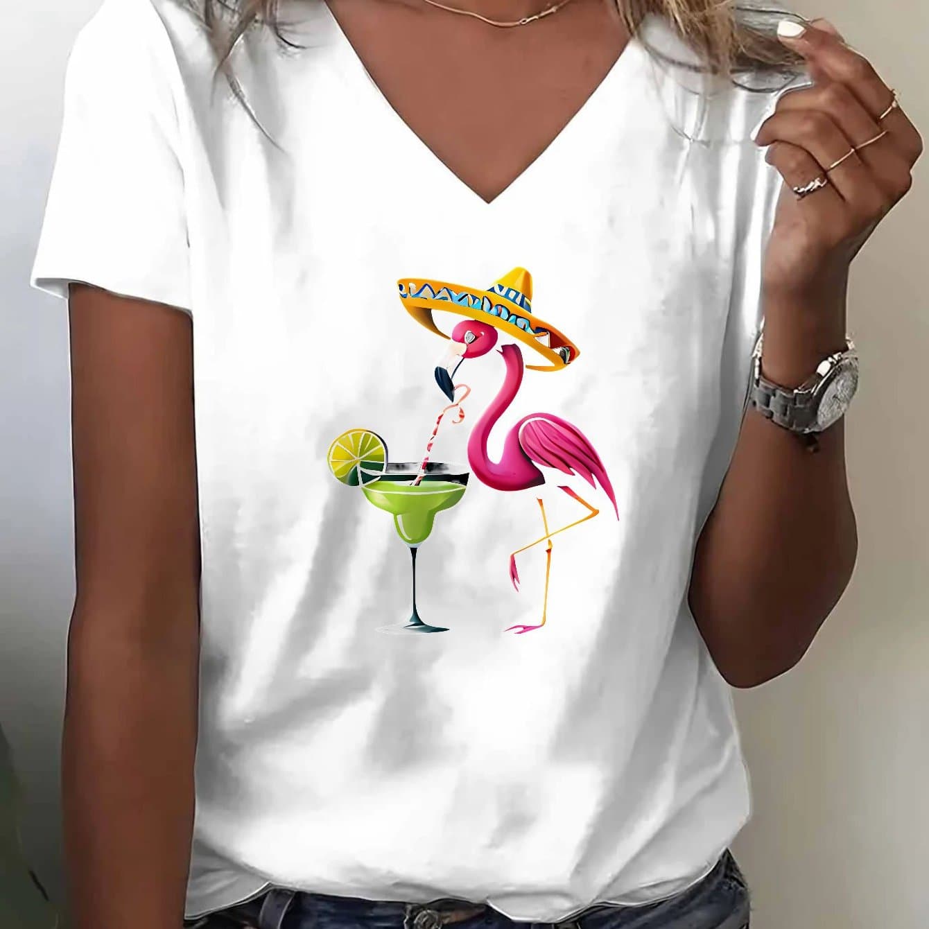 TEMU V-neck T-shirt, Standard Size, Flamingo And Cocktail Print