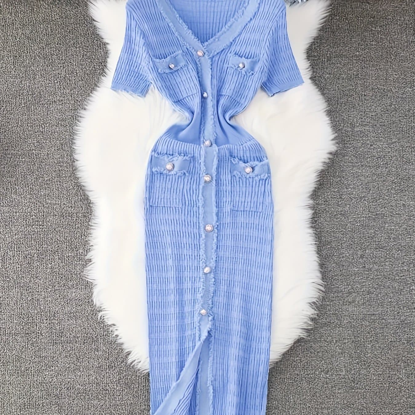 TEMU V-neck Metallic Single-button Solid Color Fashionable Fringe Trim Body-hugging Slit Mermaid Dress Ll256