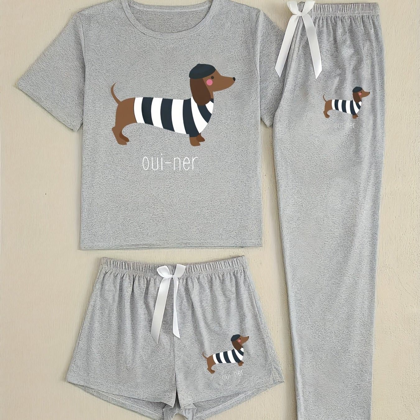 TEMU Women's Cartoon Dachshund Print Short Sleeve Top With Matching Shorts And Pants 3pcs Pajama Set