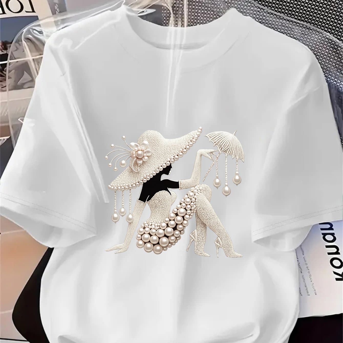 TEMU Plus Size - Plus Size - 1pc Women's Pearl Hat Printed Pattern T-shirt, Spring Summer Fashion Short Sleeve T-shirt, Trendy Versatile , Gift For Girlfriend Or Wife
