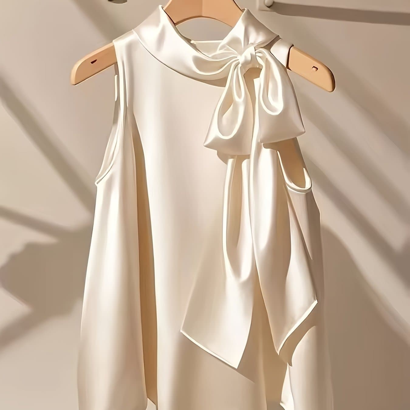 TEMU Women's Elegant Bowknot Sleeveless Blouse - Solid Color Round Neck Top Suitable For Weddings, Parties & Office Wear - Versatile Bow Accent Non-stretch Blouses