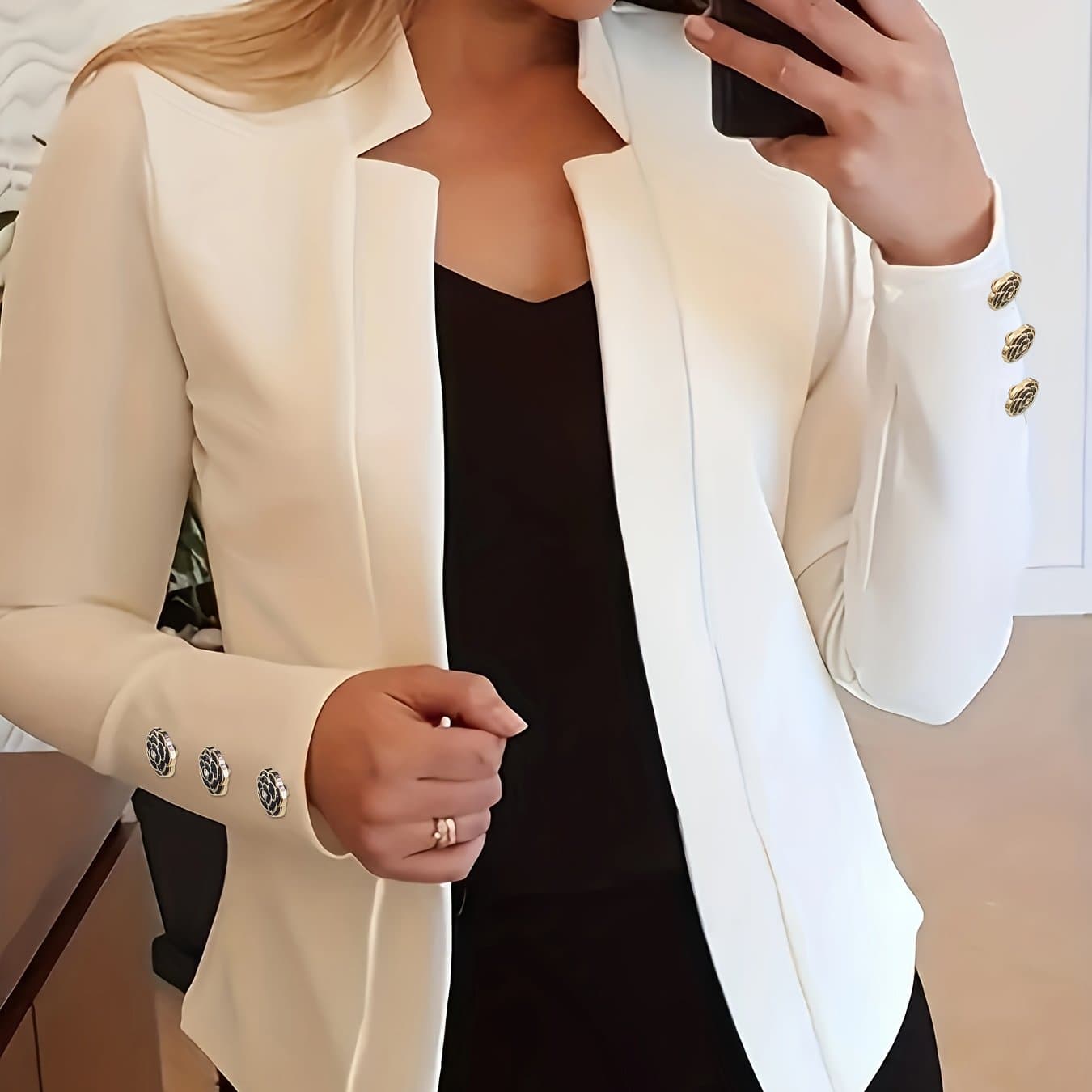 TEMU Fashionable Solid Color Long-sleeve Button-decorated Cardigan Coat