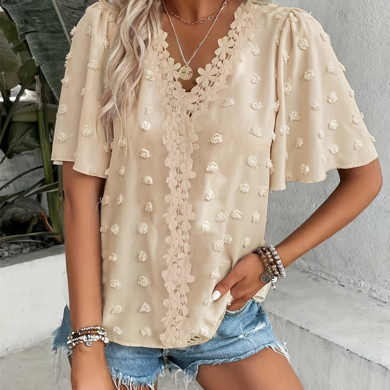 TEMU Dot Contrast Guipure Lace Sleeve Blouse