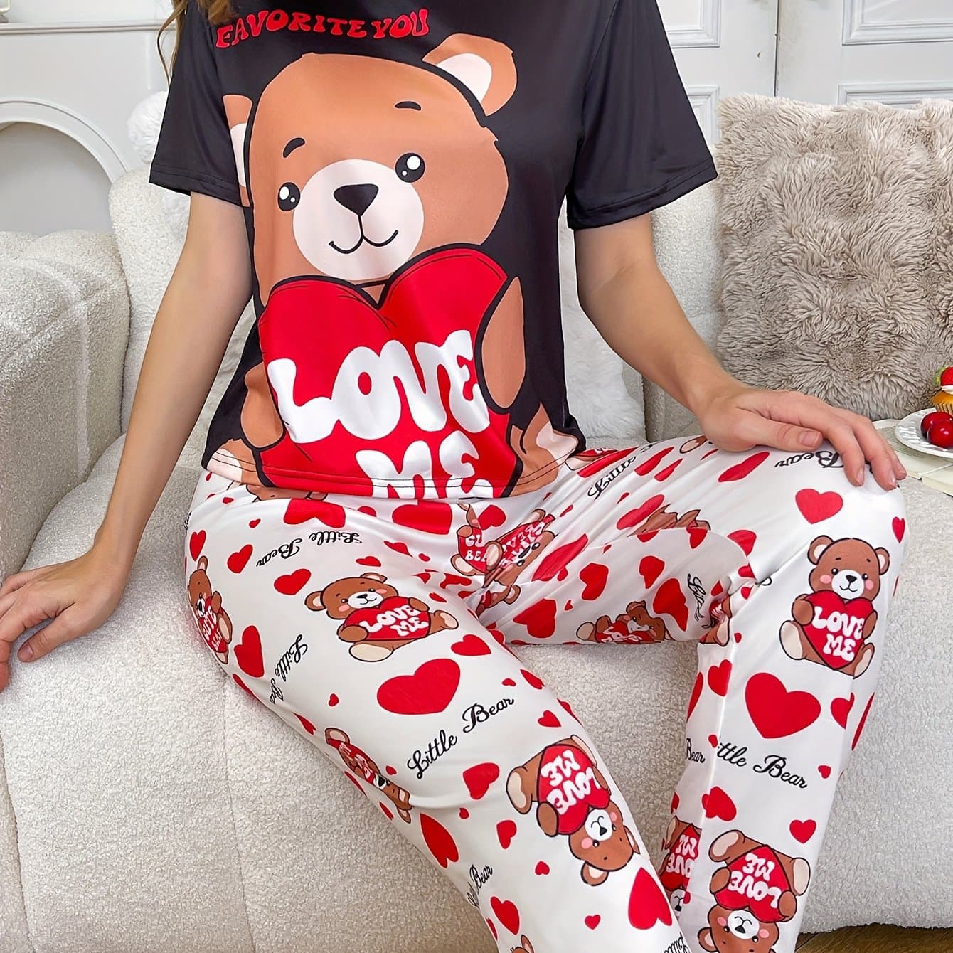 TEMU Bear And Love Printed Short Sleeved Pants Women's Pajama Set