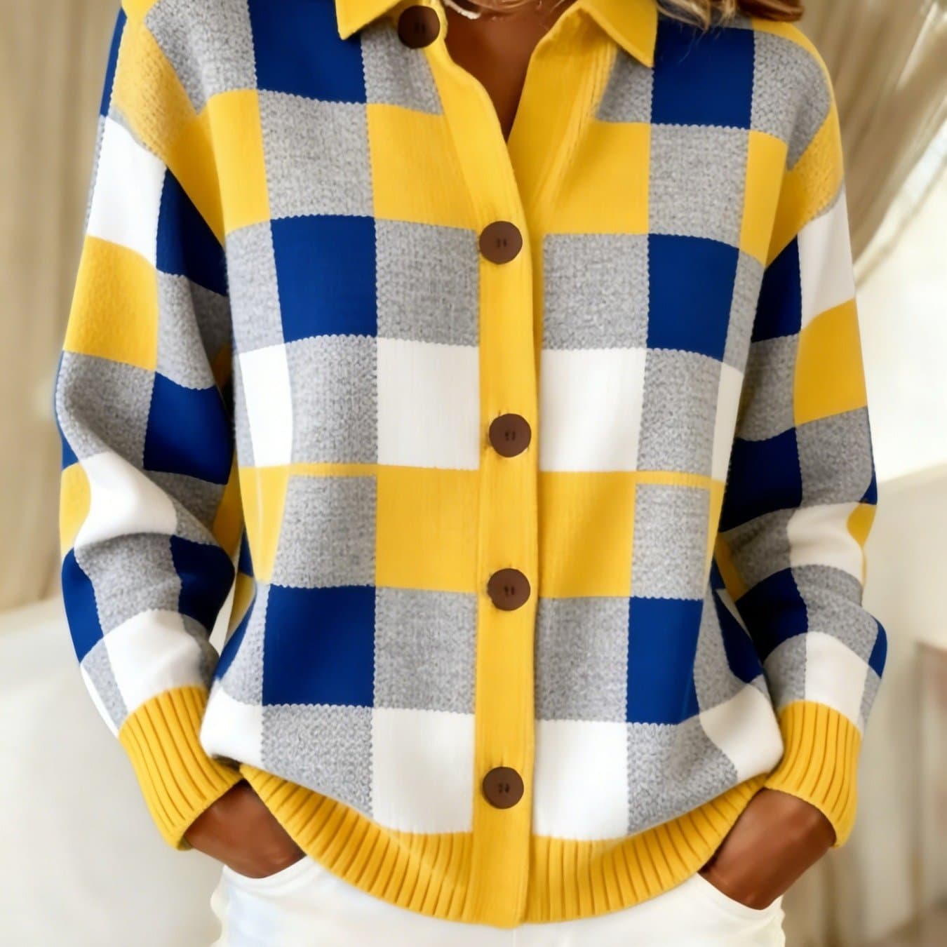 TEMU [2d Flat Pattern] Women's Lapel Yellow And Blue Print Button- Cardigan/outerwear For Spring And Autumn