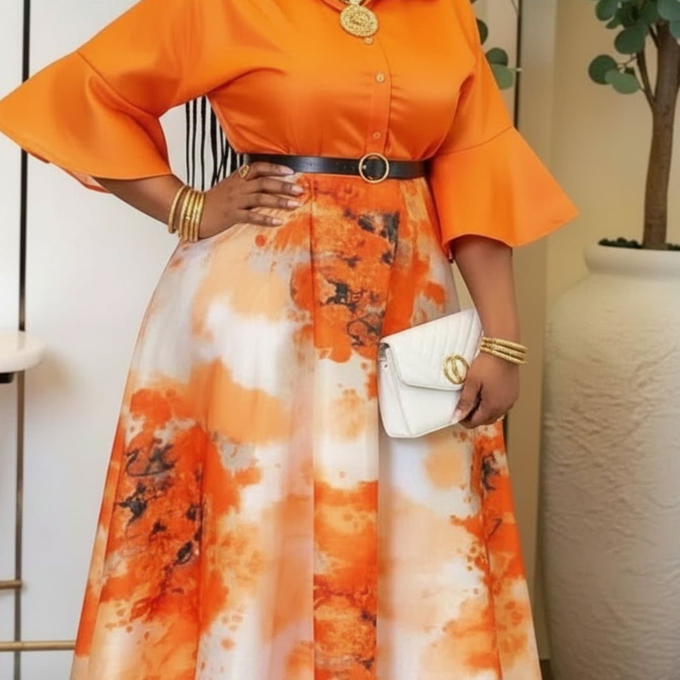 TEMU Plus Size - Plus Size Women's Spring/summer Flared-sleeve Waist-adjusted Printed Dress | - Showcasing Vibrant Temperament, Ideal For Daily & Light Social Occasions, Exquisite Looks