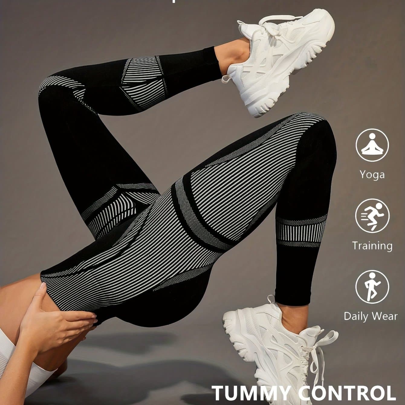 TEMU Women's High-waisted Long Pants, 1pc Black And White Contrast Striped Leggings With A Silhouette, Pattern, Suitable For