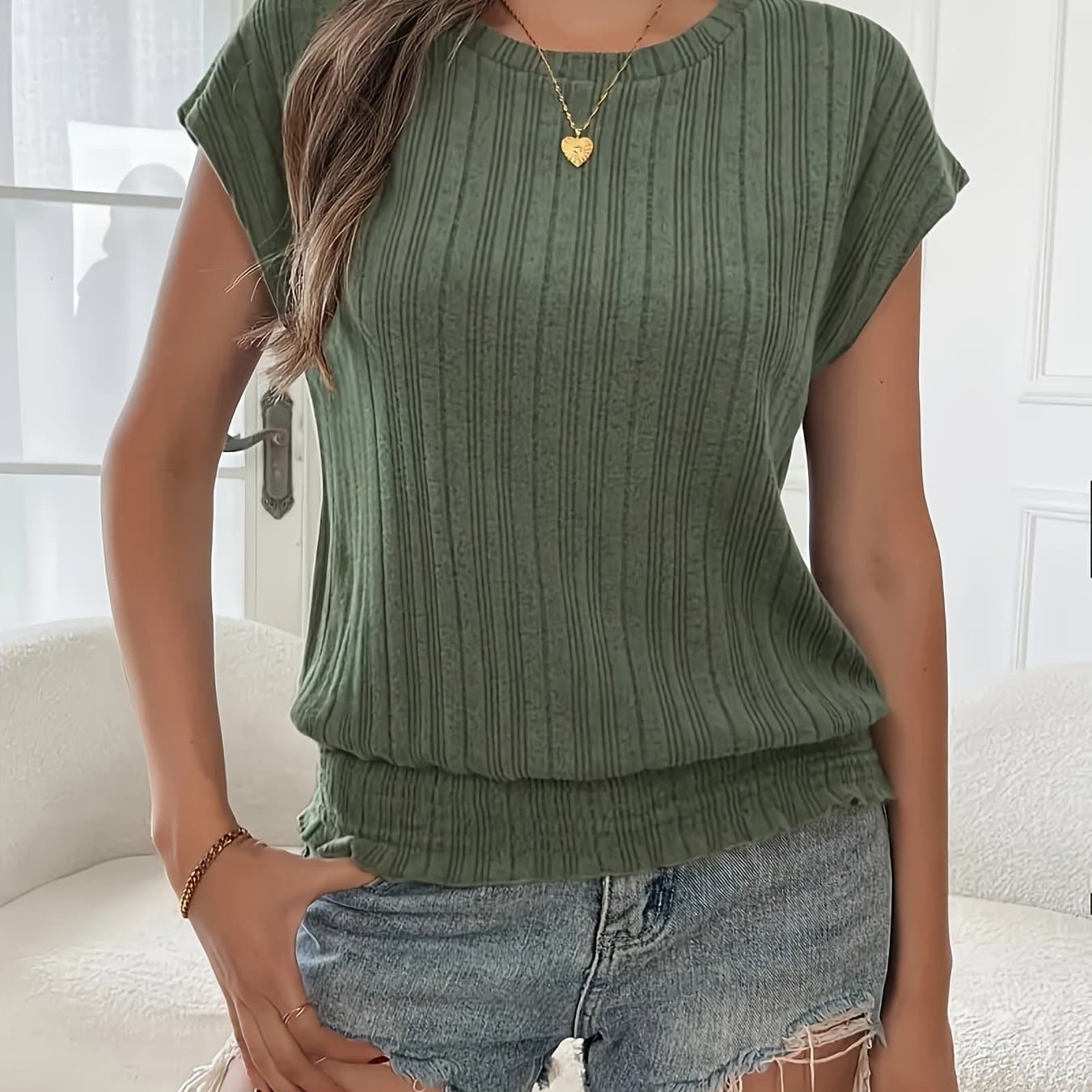 TEMU Ladies' Elegant Solid Color Casual T-shirt With Bat Sleeves, Round Neck, Soft Ribbed Texture, For Spring/summer, Casual , Ribbed Texture