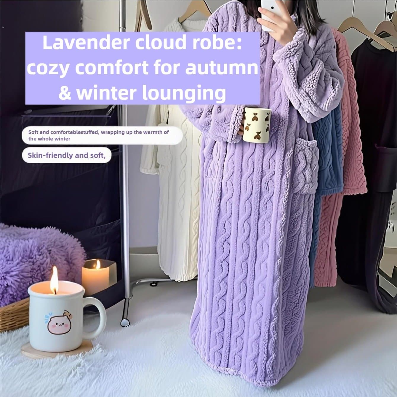 TEMU 1pc Unisex Long Plush Robe Twisted Texture Large Pockets Loose Robe Fleece-lined Thickened Warm Autumn And Winter Loungewear Cute Casual Plush Pajamas