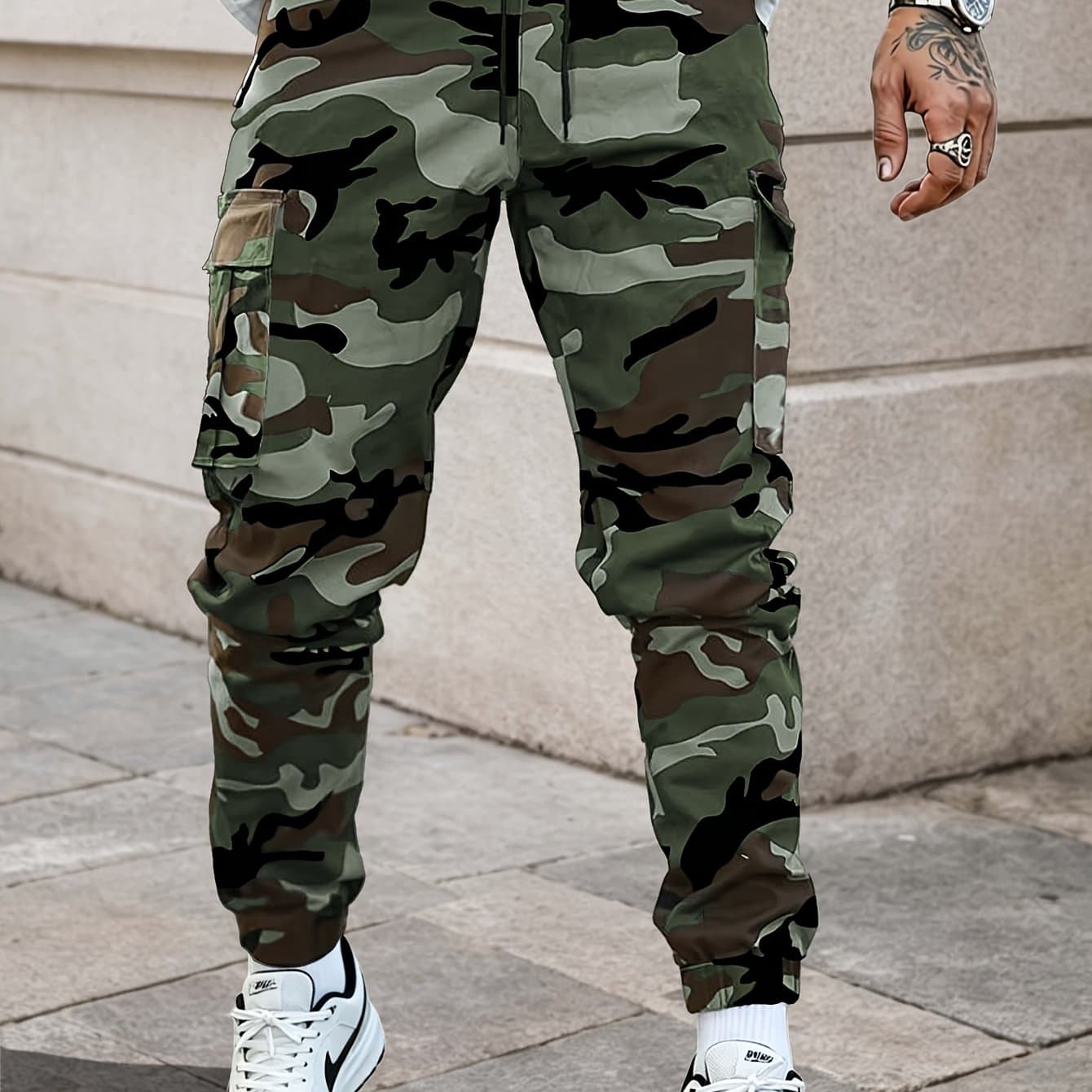 TEMU Men's Trendy Camo Cargo Pants With Side Pocket, Casual Regular Fit Trousers For Men's Outdoor Activities