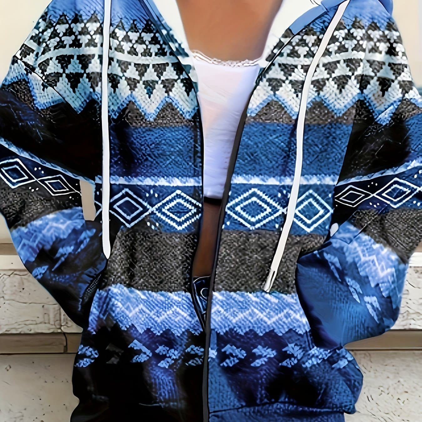 TEMU Uue Women's Tribal Print Hoodie - Zip-up Sweatshirt, Travel & Casual Attire, Hooded Sweater For Women, Sweater Hoodie, Leisure Clothing, Ethnic Pattern, Soft Fabric, Long Sleeve Top