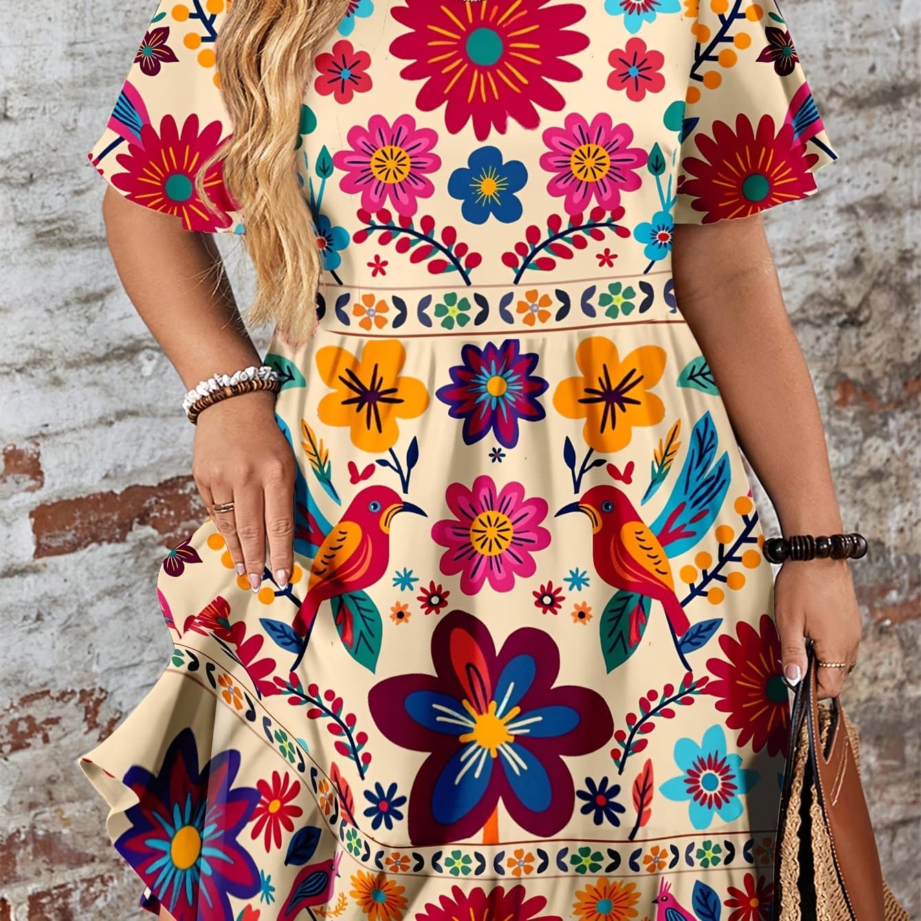 TEMU Plus Size, Plus Size Women's Fashion Elegant Round Neck Short Sleeve Dress, Floral Print
