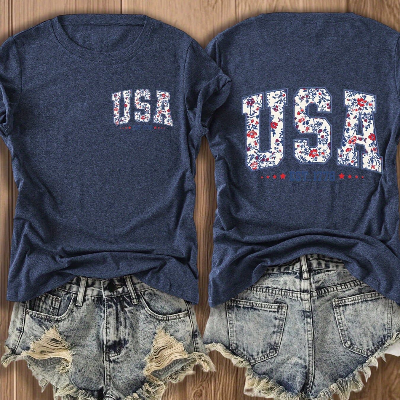 TEMU Usa Flag Print Patriotic -blend T-shirt With Double-sided Design For Festive Celebrations - Perfect For , Outfits | Trendy Apparel -blend T-shirt With Double-sided Print